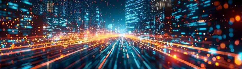 Fototapeta premium Dazzling Digital Metropolis at Night Bursting with Broadband Data Energy