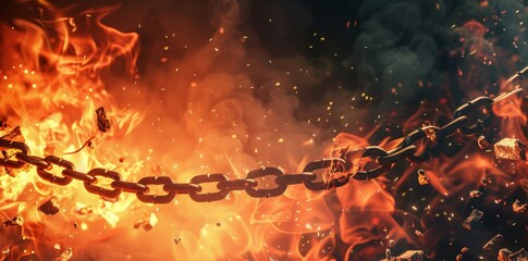 Chains breaking amidst intense flames and flying debris symbolize a powerful release and newfound freedom.