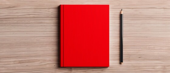 Aerial shot of a blank red notebook on a wooden desk, photorealistic, soft daylight, highdetail textures, vivid red cover