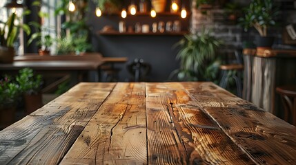 Fototapeta premium Vintage Wooden Table in Cozy Cafe with Ambient Lighting Ready for Product Display