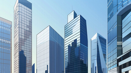 Obraz premium A futuristic skyscraper with a sleek, reflective glass facade rising against a clear blue sky, showcasing modern urban architecture and advanced design