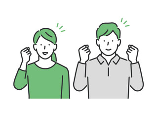 ガッツポーズをする私服の男女セット