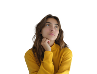 isolated portrait of doubtful woman thinking with her hands under chin, lady daydreaming with uncertain face expression