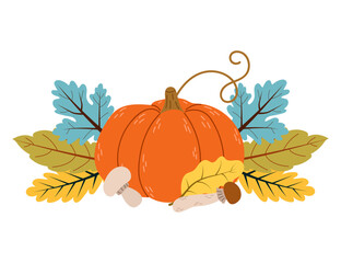 Pumpkins with leaves, autumn sticker for diary. Vector illustration in flat style.