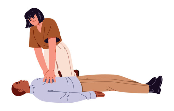 Woman does CPR to unconscious person. First aid in heart attack. Cardiac massage in emergency. Medical help, reanimation in accident. Life rescue. Flat isolated vector illustration on white background