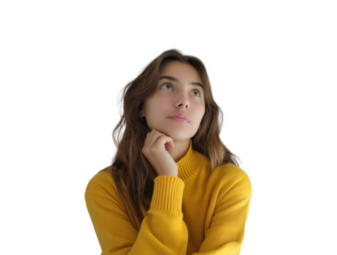 isolated portrait of doubtful woman thinking with her hands under chin, lady daydreaming with uncertain face expression