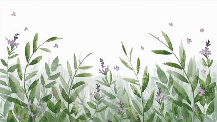 Fototapeta premium Watercolor painting of green leaves and lavender flowers on a white background