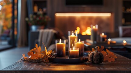 Modern interior with autumn decor and candles