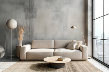 A minimalist modern living room featuring a beige sofa, floor lamp, and a coffee table against a textured concrete wall. Ideal for contemporary interior design and home decor themes
