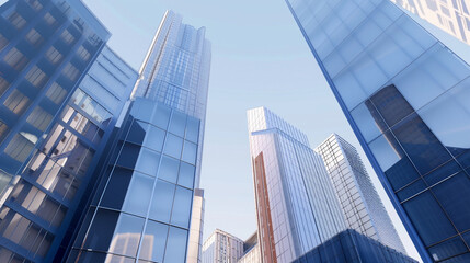 Obraz premium A futuristic skyscraper with a sleek, reflective glass facade rising against a clear blue sky, showcasing modern urban architecture and advanced design