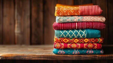 Stack of folded colorful textiles on a wooden shelf, photorealistic, rich patterns, cozy and inviting ambiance, detailed textures