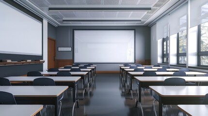 Empty classroom featuring sleek furniture and a large whiteboard