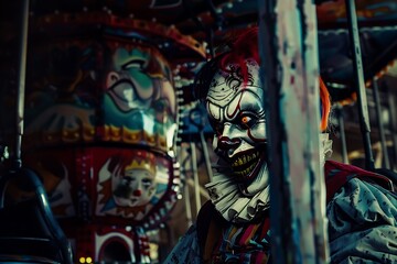 Fototapeta premium Creepy Clown Peeking From Behind a Carousel Bar.