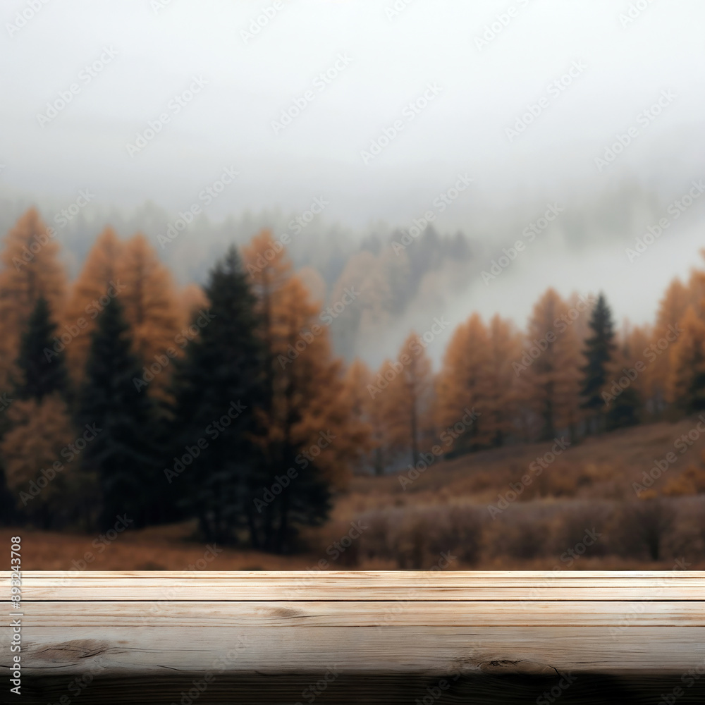Poster empty wooden table presenting misty autumn forest landscape with pine trees and colorful foliage
