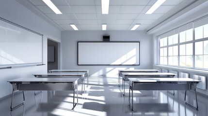 Empty classroom featuring sleek furniture and a large whiteboard