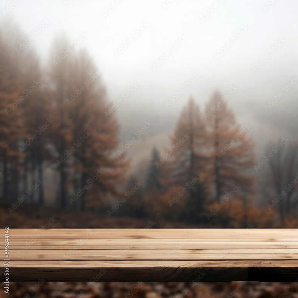 Aufkleber Empty wooden table top with blurred misty autumn forest background. Perfect for showcasing products or adding text with copy space