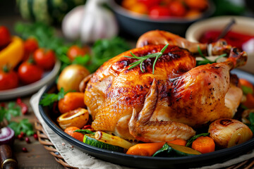 Golden roasted turkey on a beautifully set table, surrounded by Thanksgiving sides, ready for a celebratory family gathering.