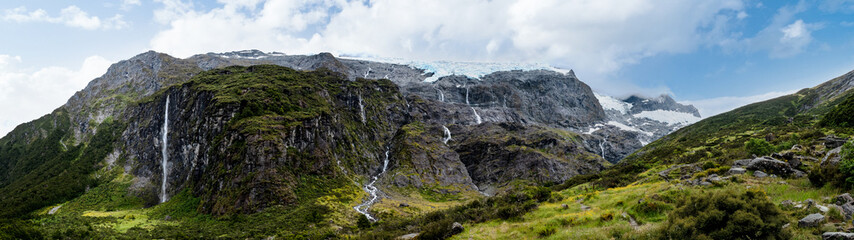 A wide-angle view of an alpine meadow with multiple waterfalls cascading down rocky cliffs, framed by snow-capped mountains and lush greenery.