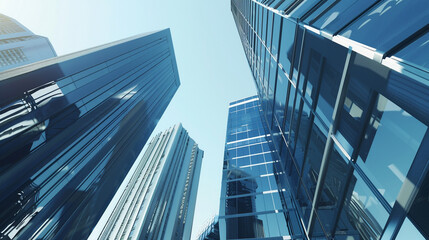 A futuristic skyscraper with a sleek, reflective glass facade rising against a clear blue sky, showcasing modern urban architecture and advanced design