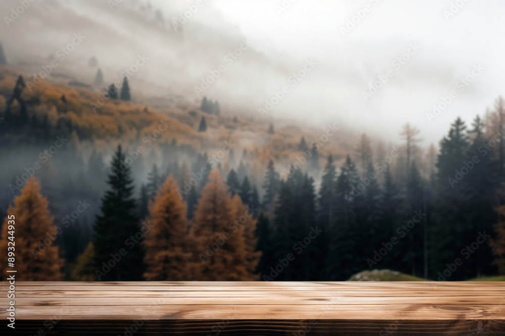 Aufkleber empty wooden table with a blurry background of a misty forest in autumn, perfect for product placeme
