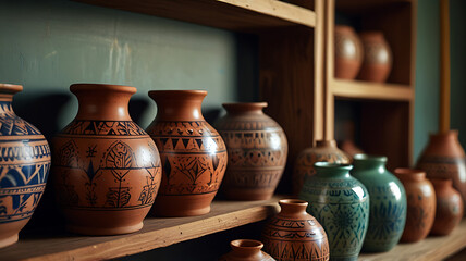 Traditional Indian pottery displayed on a shelf, representing craftsmanship and cultural heritage.
