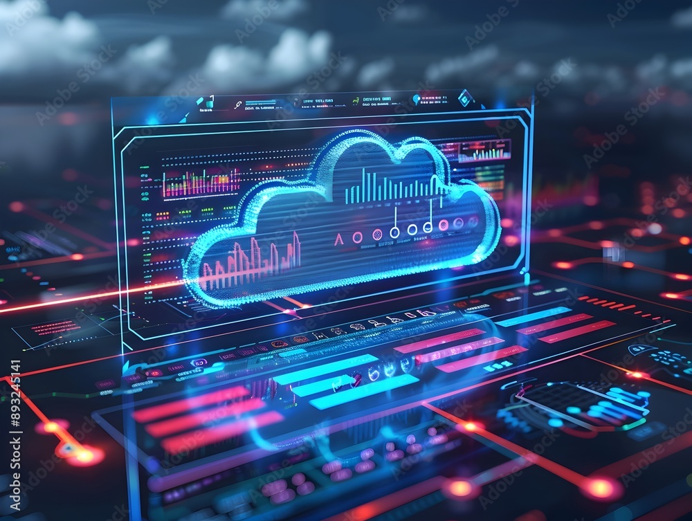 Poster futuristic cloud based data analytics dashboard with business intelligence insights