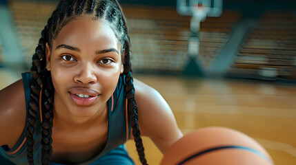 Focused African girl dribbling a basketball on a court, representing youth sports and dedication to the game.