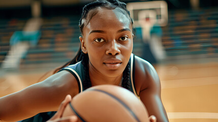 An African girl playing basketball on an indoor court, showcasing athleticism and determination during a game.