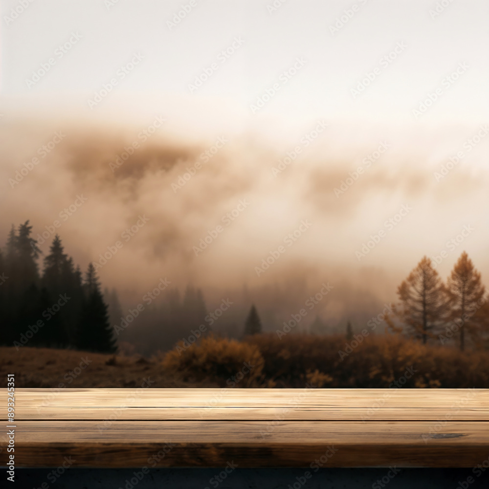 Aufkleber empty wooden tabletop is set against a blurred backdrop of an autumn forest shrouded in mist at suns