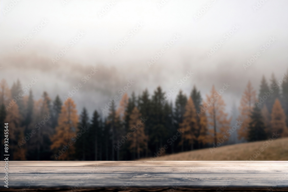 Aufkleber empty rustic wooden tabletop provides with a blurred backdrop of a misty autumn forest