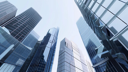 Obraz premium A futuristic skyscraper with a sleek, reflective glass facade rising against a clear blue sky, showcasing modern urban architecture and advanced design