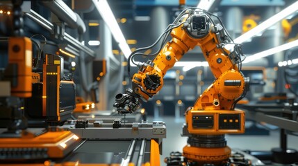Robotic arm assembling parts in a high-tech factory