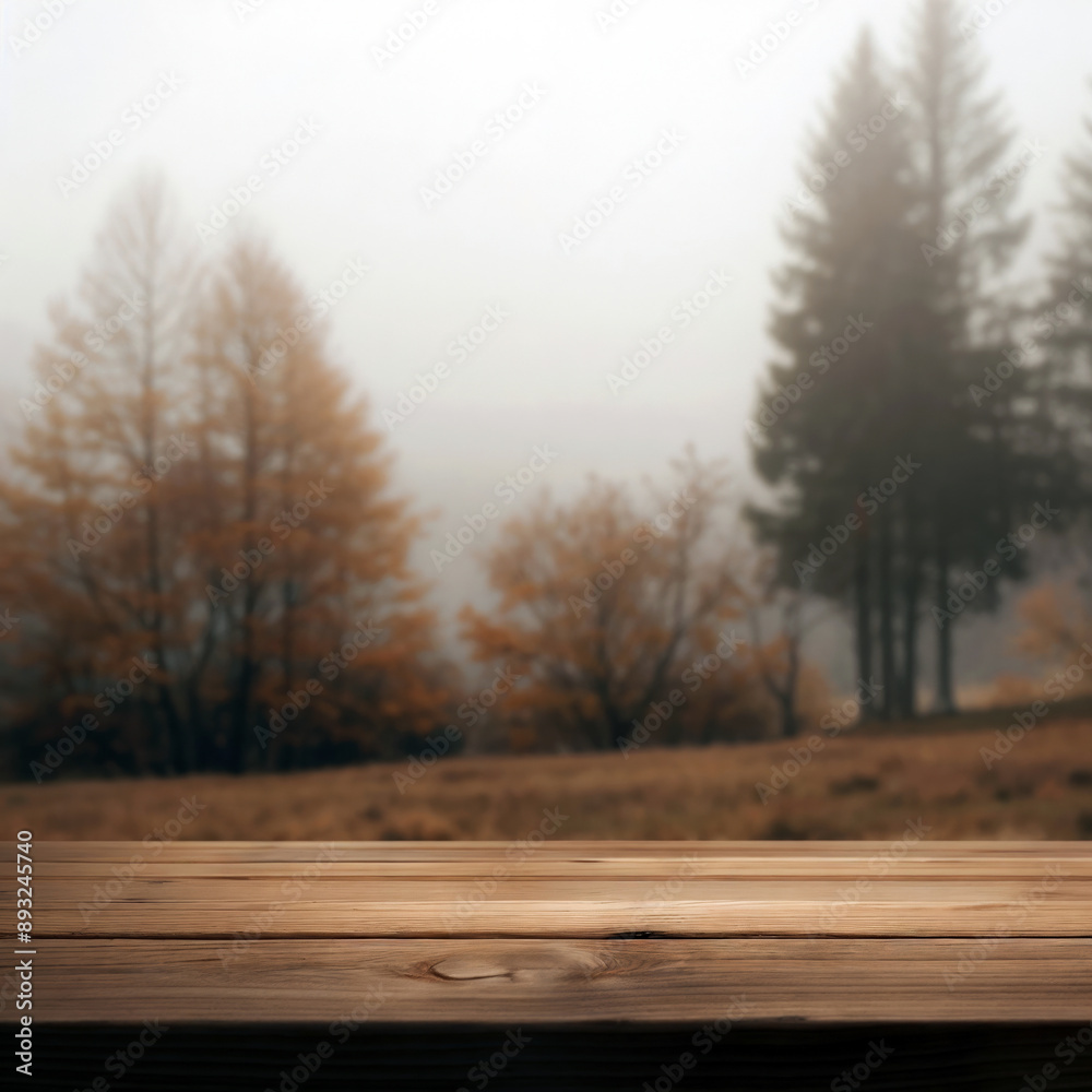 Poster Empty wooden tabletop with a blurred backdrop of a misty autumn forest, perfect for product placement