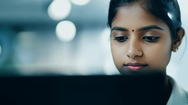 Indian woman working on laptop in dark office, focused on screen