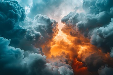 Dramatic Sunset Clouds with Fiery and Blue Hues - Nature Aesthetic for Poster or Print Design