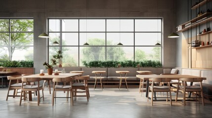 Fototapeta premium Modern cafe interior with wooden tables and chairs, large windows, and natural light. Perfect for dining, working, or relaxing.