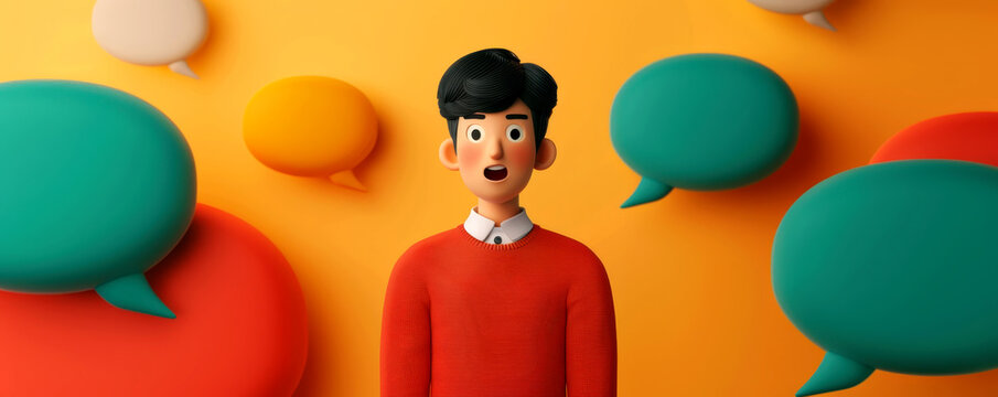 Animated 3D character with mockup speech bubbles in different shapes, plain background, talking concept - Powered by Adobe