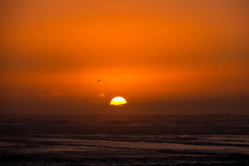 The golden sun sets over the ocean, casting a warm, glowing light on the waves and sky, creating a tranquil and beautiful scene.