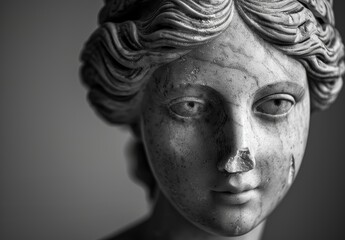 Weathered stone statue face with intricate details