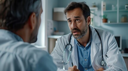 Fototapeta premium Doctor's Consultation: A doctor in a white coat sitting attentively with a patient in an examination room, discussing health or showing empathy. 