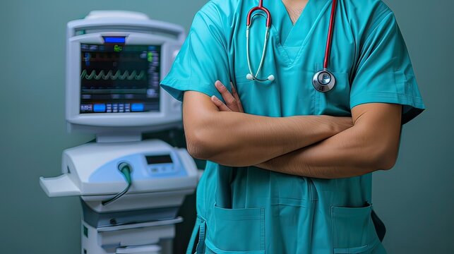 Doctor with Medical Equipment: A doctor wearing scrubs and a stethoscope, standing beside medical equipment such as an ultrasound machine or EKG monitor. Minimalist stock photo 