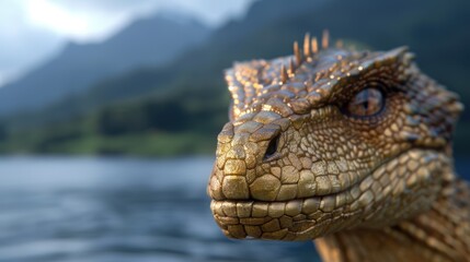 Obraz premium Close-up of a golden lizard with intricate scales