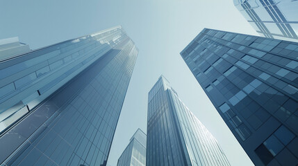 Fototapeta premium A futuristic skyscraper with a sleek, reflective glass facade rising against a clear blue sky, showcasing modern urban architecture and advanced design