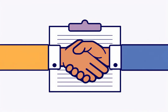 Simple line art of a handshake over a document, B2B concept, contract agreement