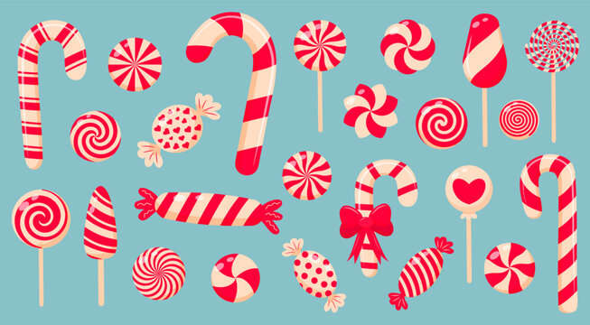 Christmas candy, sweets, lollipops, candy cane set. Peppermint candies red and white collection. Assorted striped and swirl caramel.
