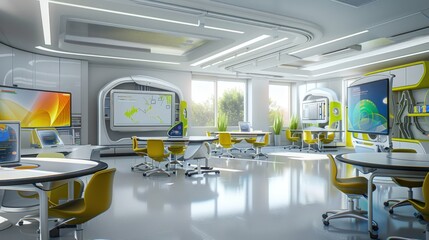 Futuristic classroom with sleek furniture, interactive displays, and creative zones