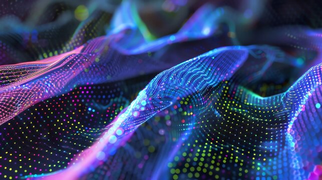 Quantum Fibers  Ultra   magnified view of smart fabrics with nano   sensors woven into threads, glowing with data transmission