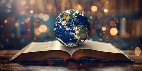 Earth on Open Book Background, World Book Day, International Literacy Day. 