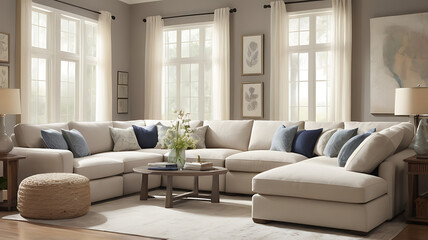 Fototapeta premium A large, comfortable sectional sofa in a spacious family room, symbolizing comfort and togetherness.