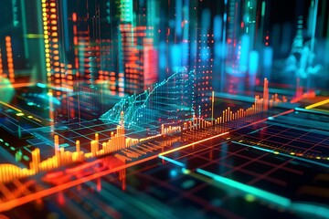 Fototapeta premium Abstract Neon Cityscape with Data Visualization.